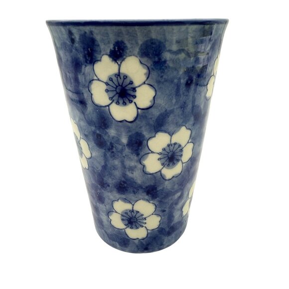 Artisan Handmade Stoneware Blue Floral Pattern Coffee Mug Tall 14 oz - Picture 3 of 9